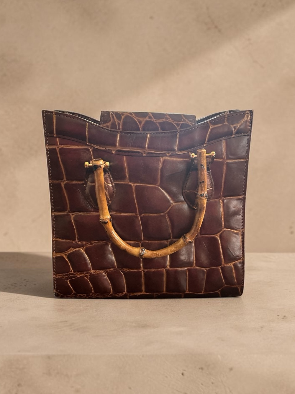 Vintage 90s Structured Mock-Croc Box Bag Leather Bamboo Handles Gold Hardware